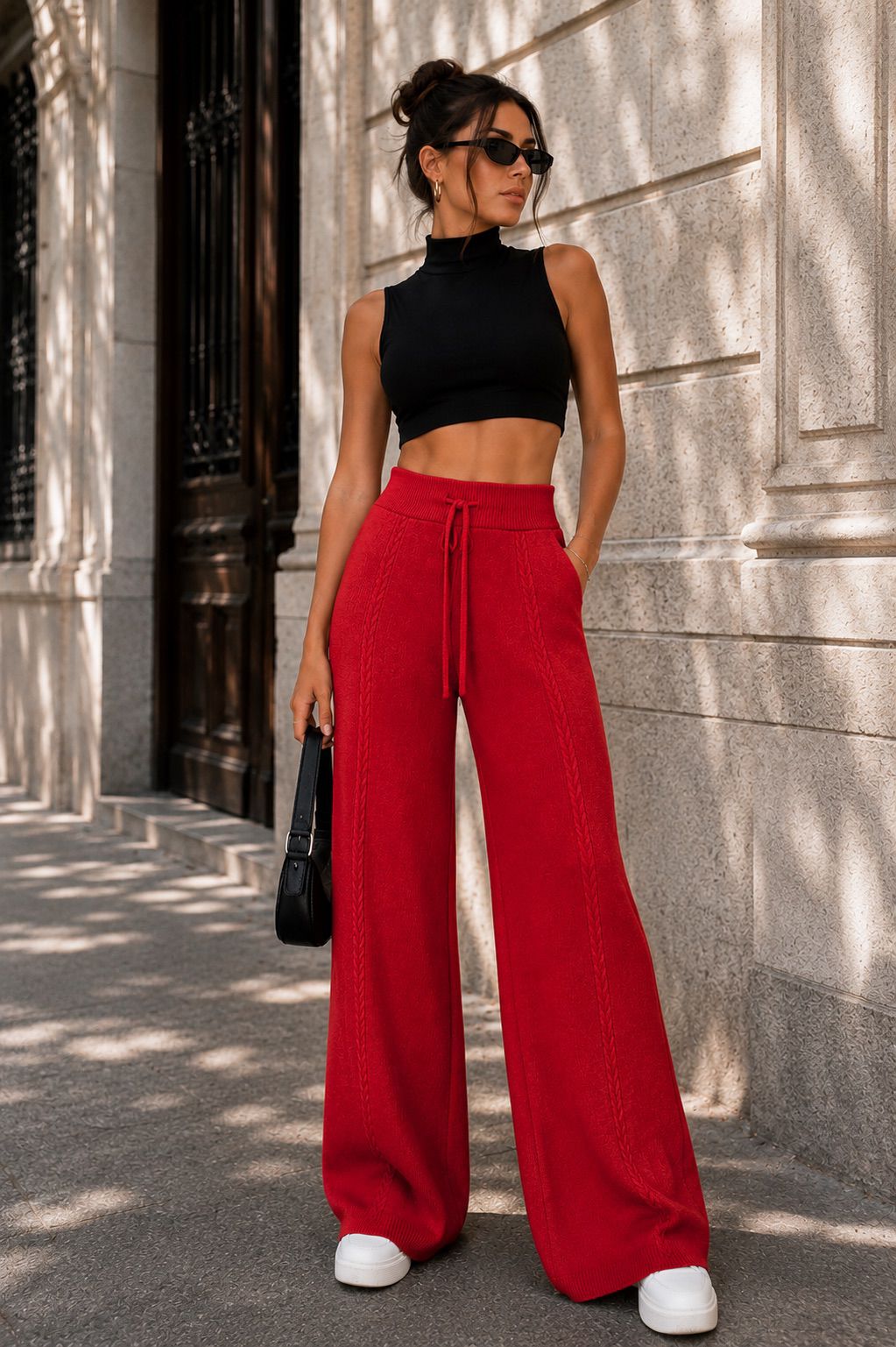 Pantalón palazzo acanalado color fucsia, vista trasera