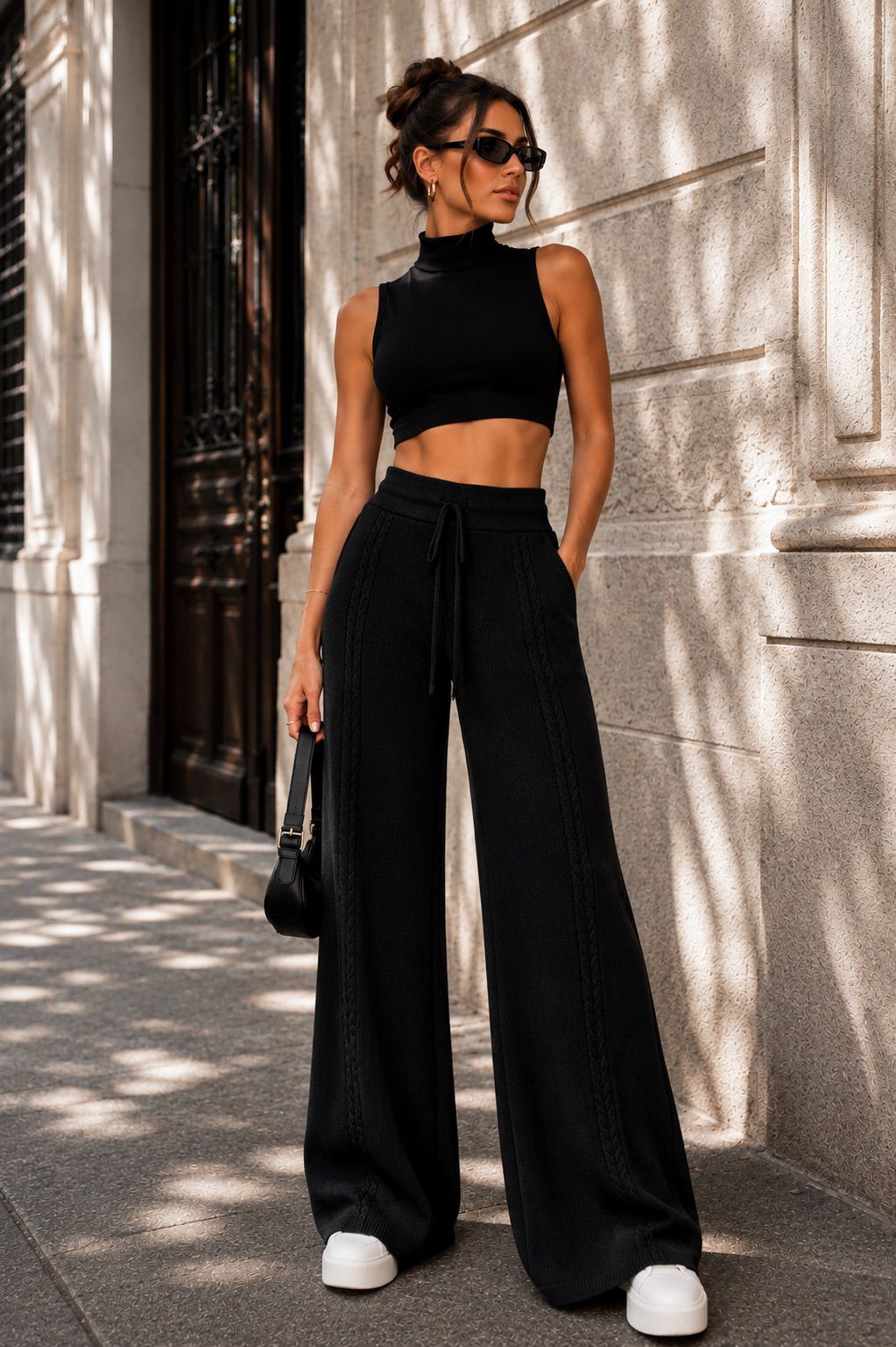 Pantalón palazzo acanalado color fucsia, corte wide leg