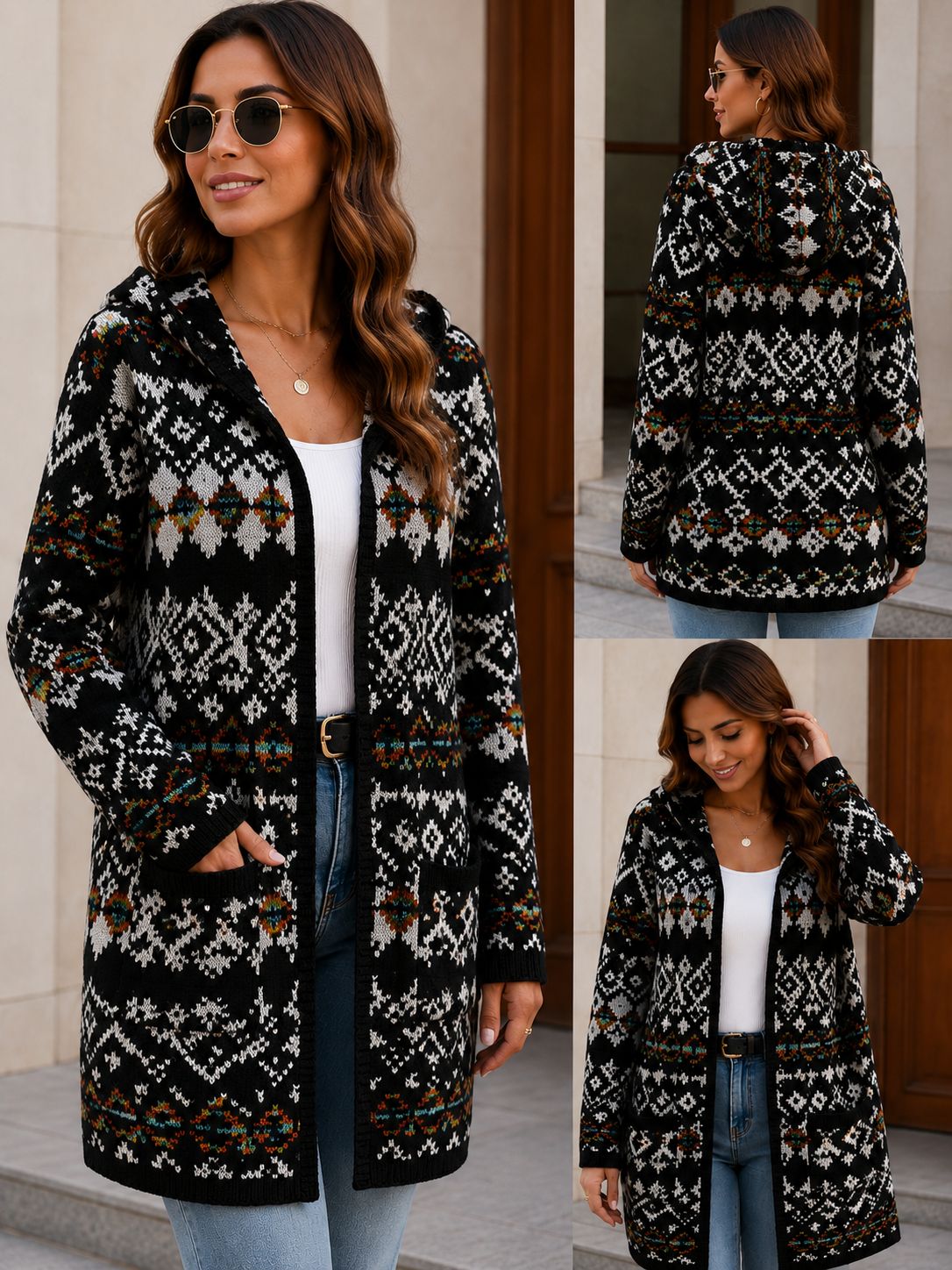 Cardigan largo con capucha boho color blanco y negro