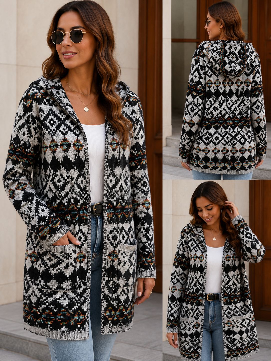 Cardigan largo con capucha boho color café