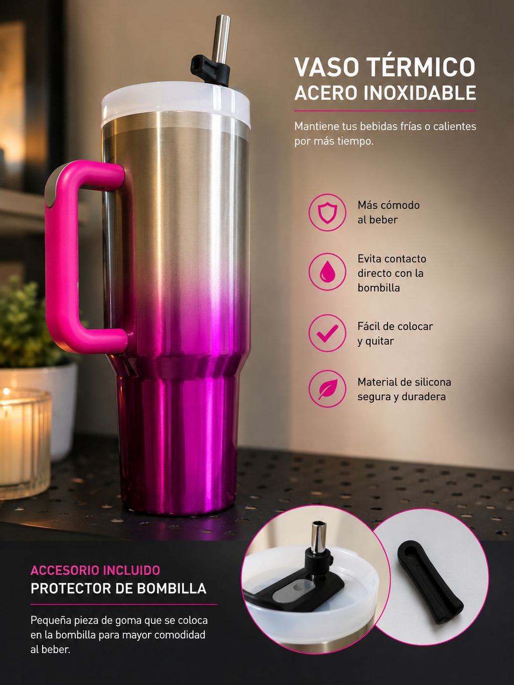 Vaso térmico acero inoxidable fucsia y plateado