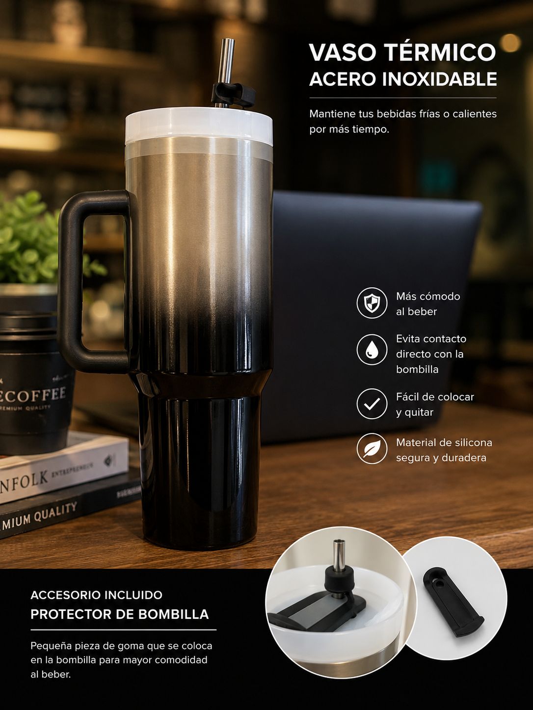 Vaso térmico acero inoxidable negro y plateado