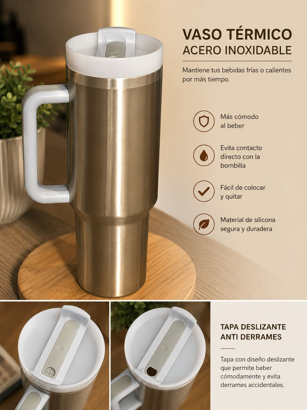 Vaso térmico acero inoxidable dorado y blanco