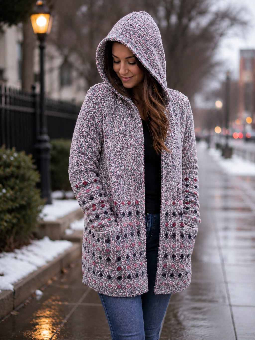 Cardigan largo con capucha gris