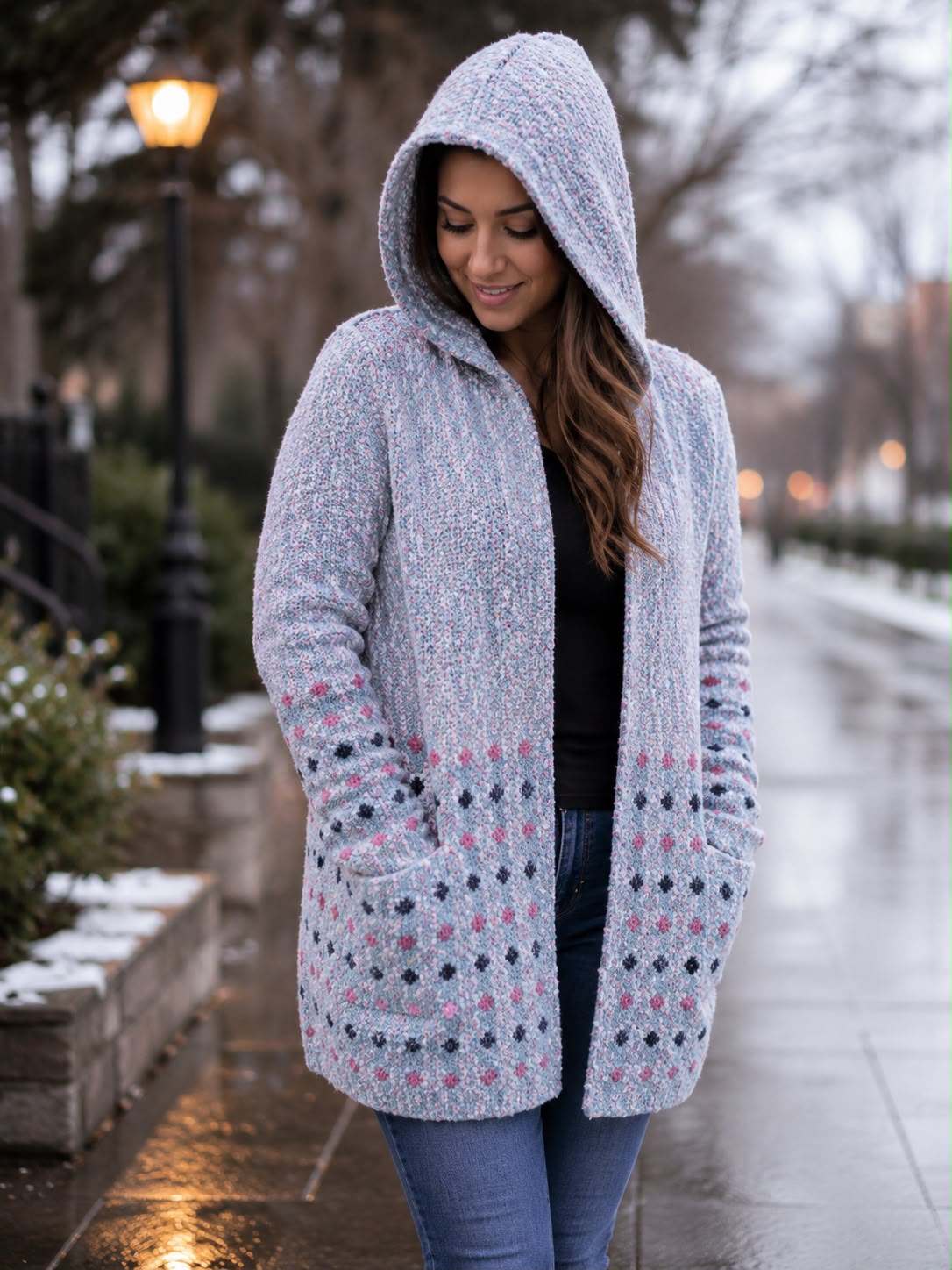 Cardigan largo con capucha gris