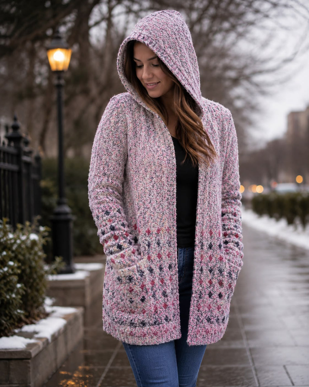 Cardigan largo con capucha rosado