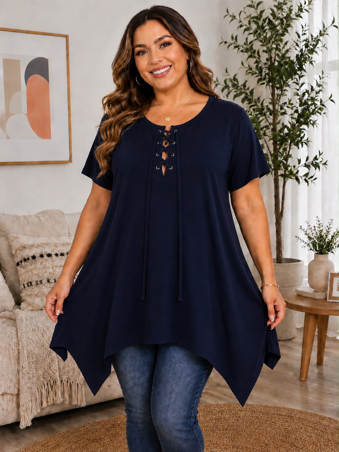 Blusa túnica con cordones azul marino