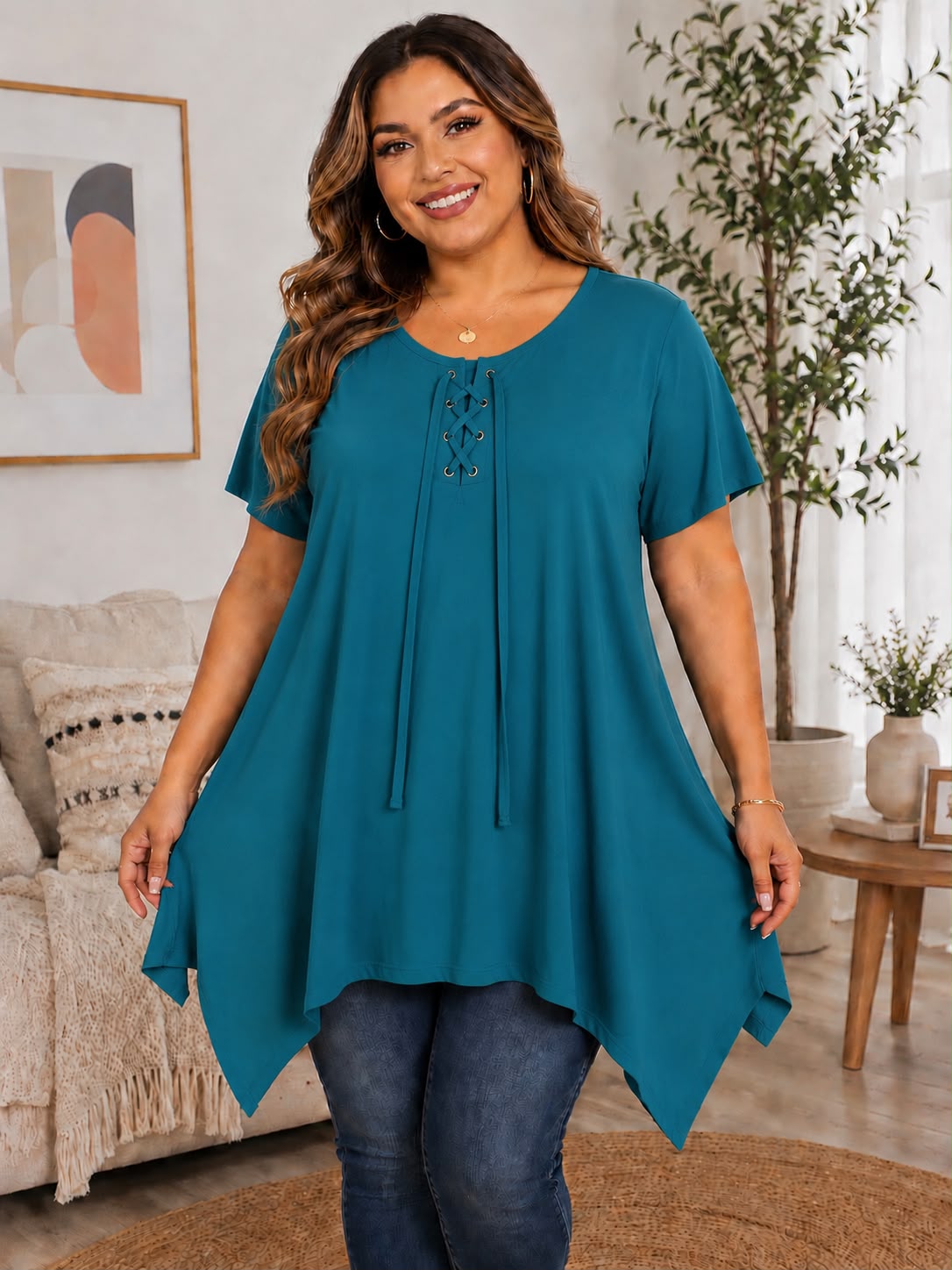 Blusa túnica con cordones verde petróleo