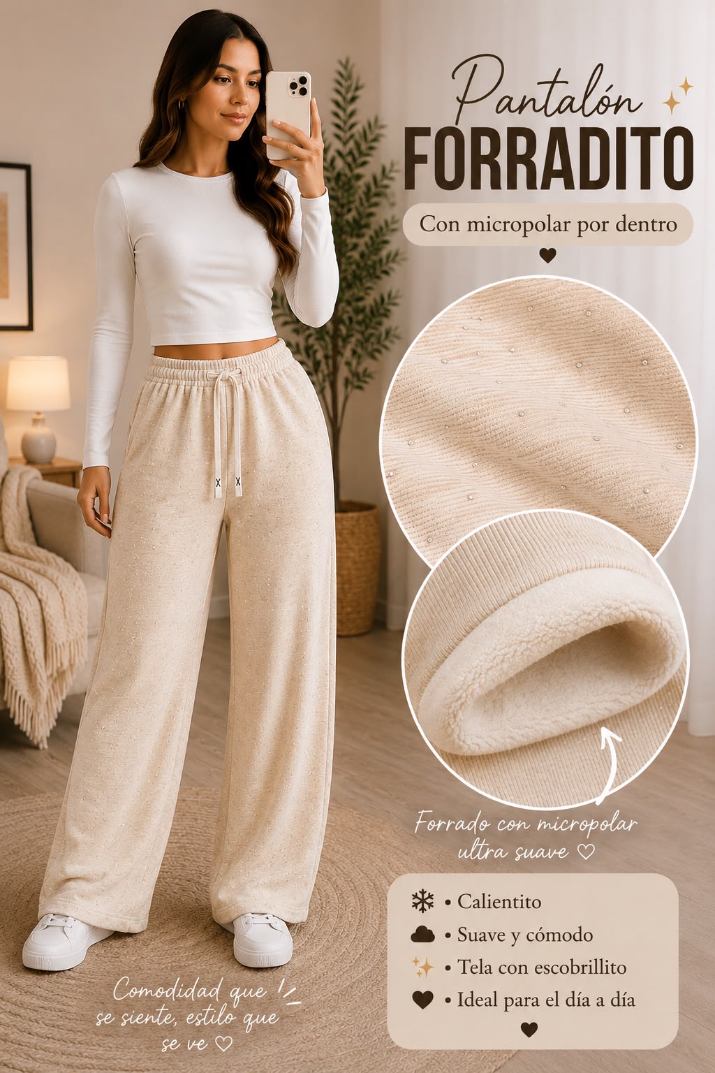 Pantalón Forradito con Micropolar - Beige