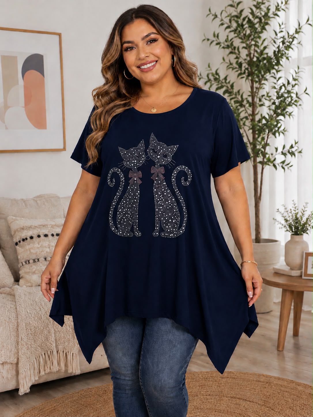 Blusa túnica gatos en pedrería azul marino
