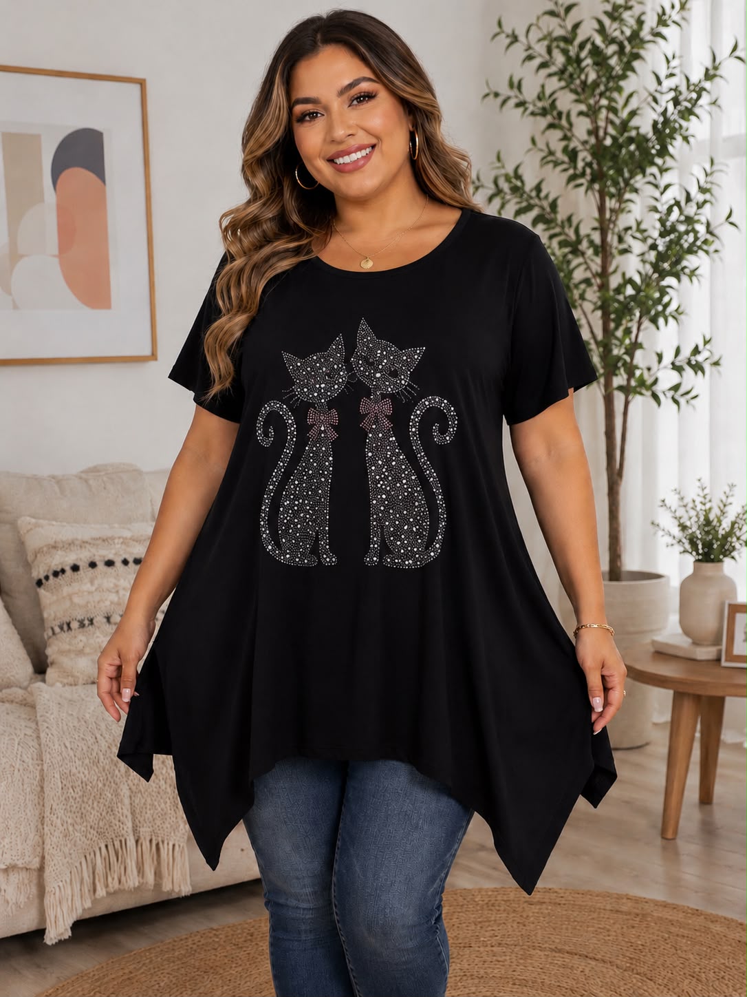 Blusa túnica gatos en pedrería negro