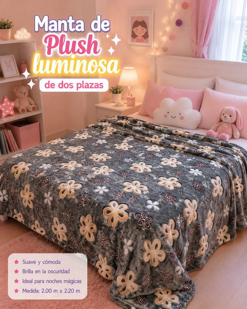 Manta de plush luminosa 2 plazas, diseño flores sobre fondo gris, brilla en la oscuridad