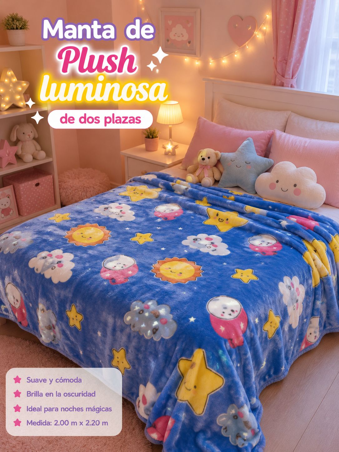 Manta de plush luminosa 2 plazas, diseño soles nubes y estrellas sobre fondo azul, brilla en la oscuridad