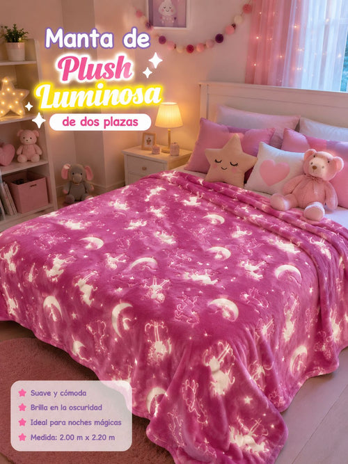 Manta de plush luminosa 2 plazas, diseño unicornios y lunas sobre fondo rosa, brilla en la oscuridad