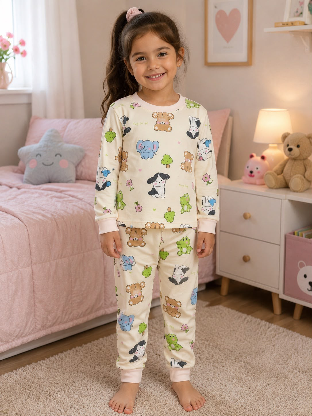 Pijama infantil crema con ositos, elefantes y perritos