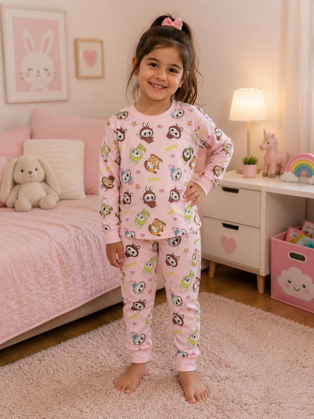 Pijama infantil rosado con animalitos disfrazados de conejito