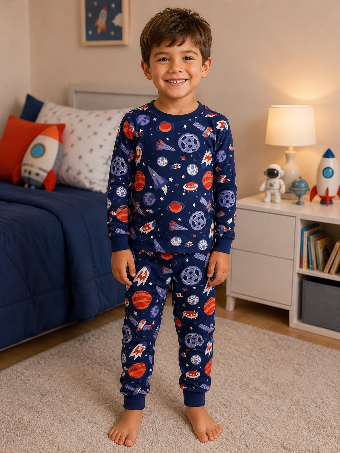 Pijama infantil azul marino con cohetes y planetas