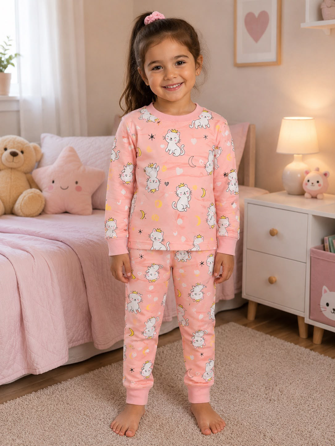 Pijama infantil rosado con gatitos y coronitas