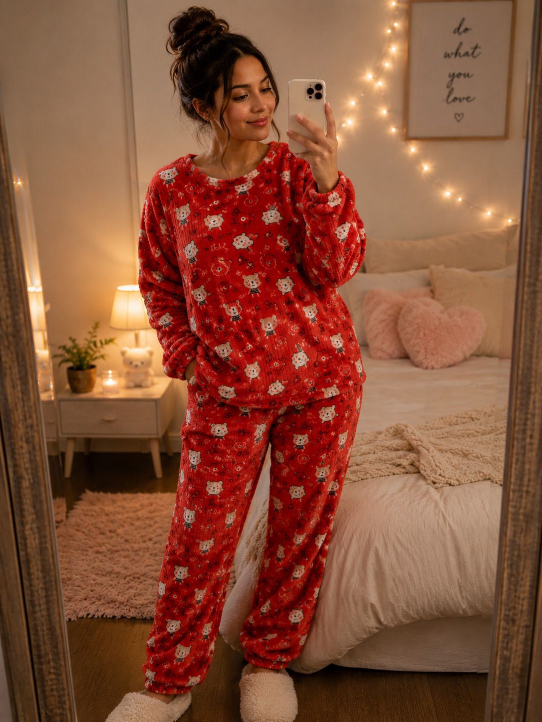 Pijama polar oso, color rojo, conjunto polerón y pantalón