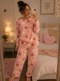 Pijama polar oso y flores, color rosado, conjunto polerón y pantalón