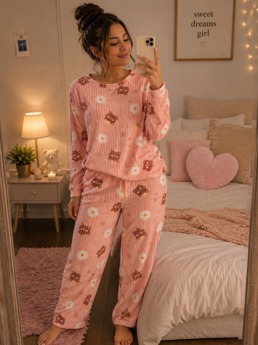 Pijama polar oso y flores, color rosado, conjunto polerón y pantalón