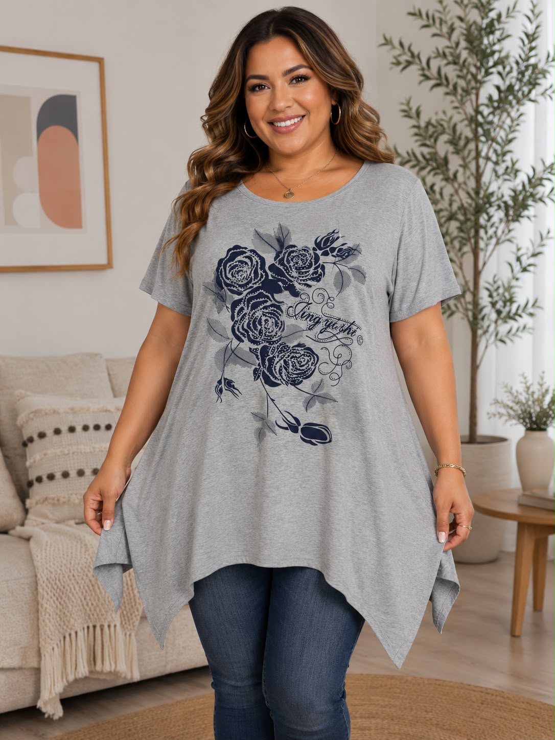 Blusa túnica estampado de rosas gris