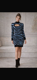 Vestido tejido animal print, color celeste, cuello alto y manga larga